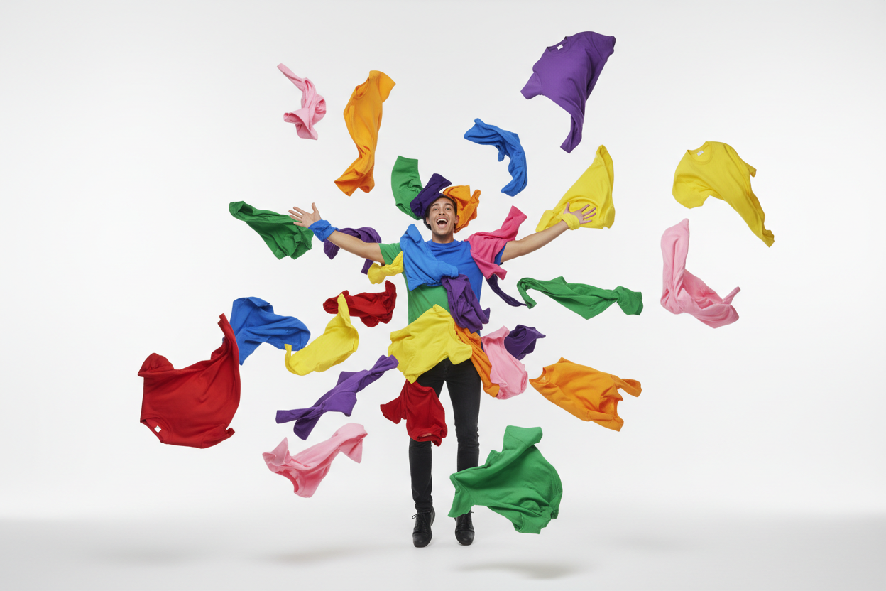 Hero image with guy and falling colorful t-shirts